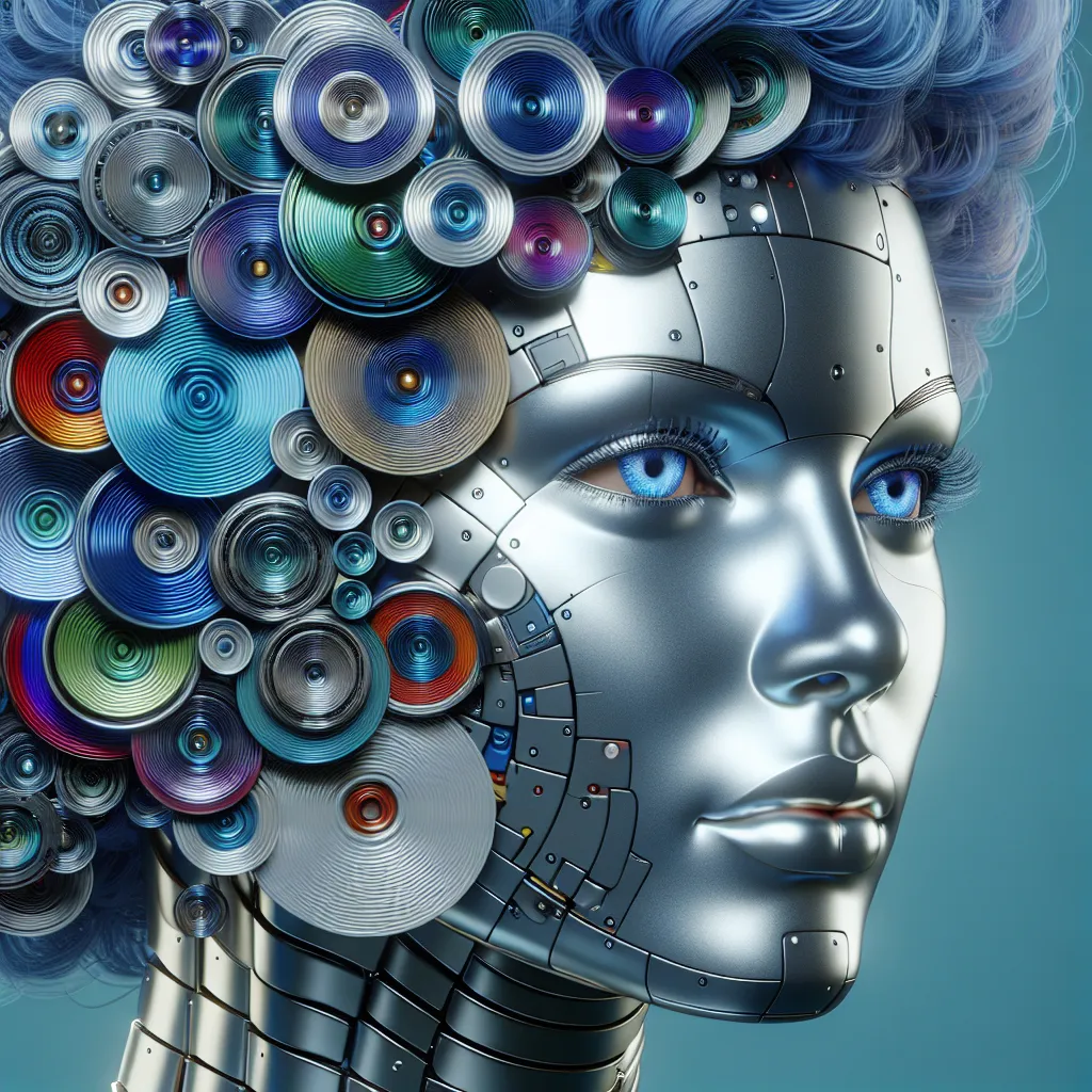 Prompt: Create a woman's head, the head consists of stacked metallic disks in different colors, only the sides of the disks can be seen. The mouth, eye and the beautiful disheveled blue hair are displayed photorealistically, the background looks a little futuristic