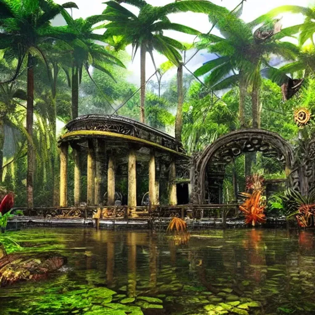 Prompt: beautiful amazon rain forest temple, animals lurking around, lush vegetation, steampunk style, realistic, highly detailed, sunny day