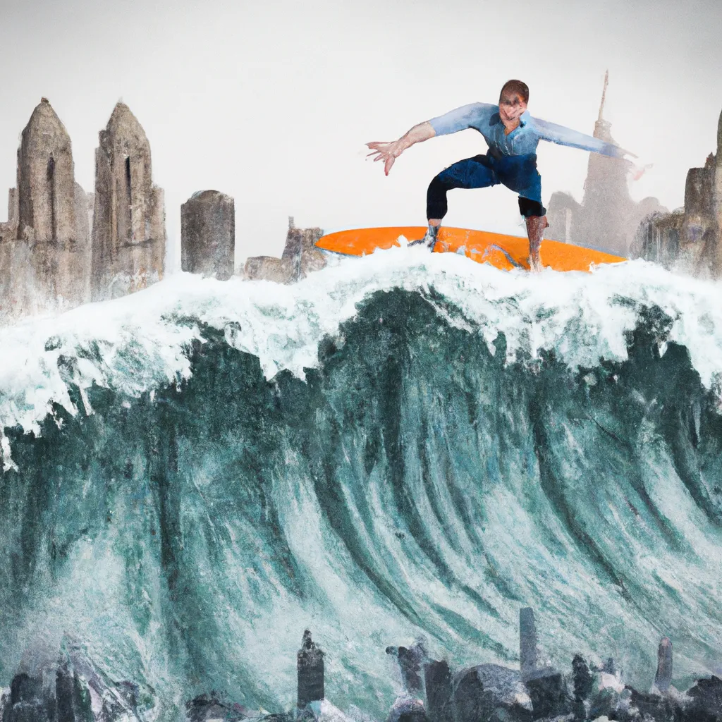 Prompt: Man surfing a tidal wave about to destroy a city