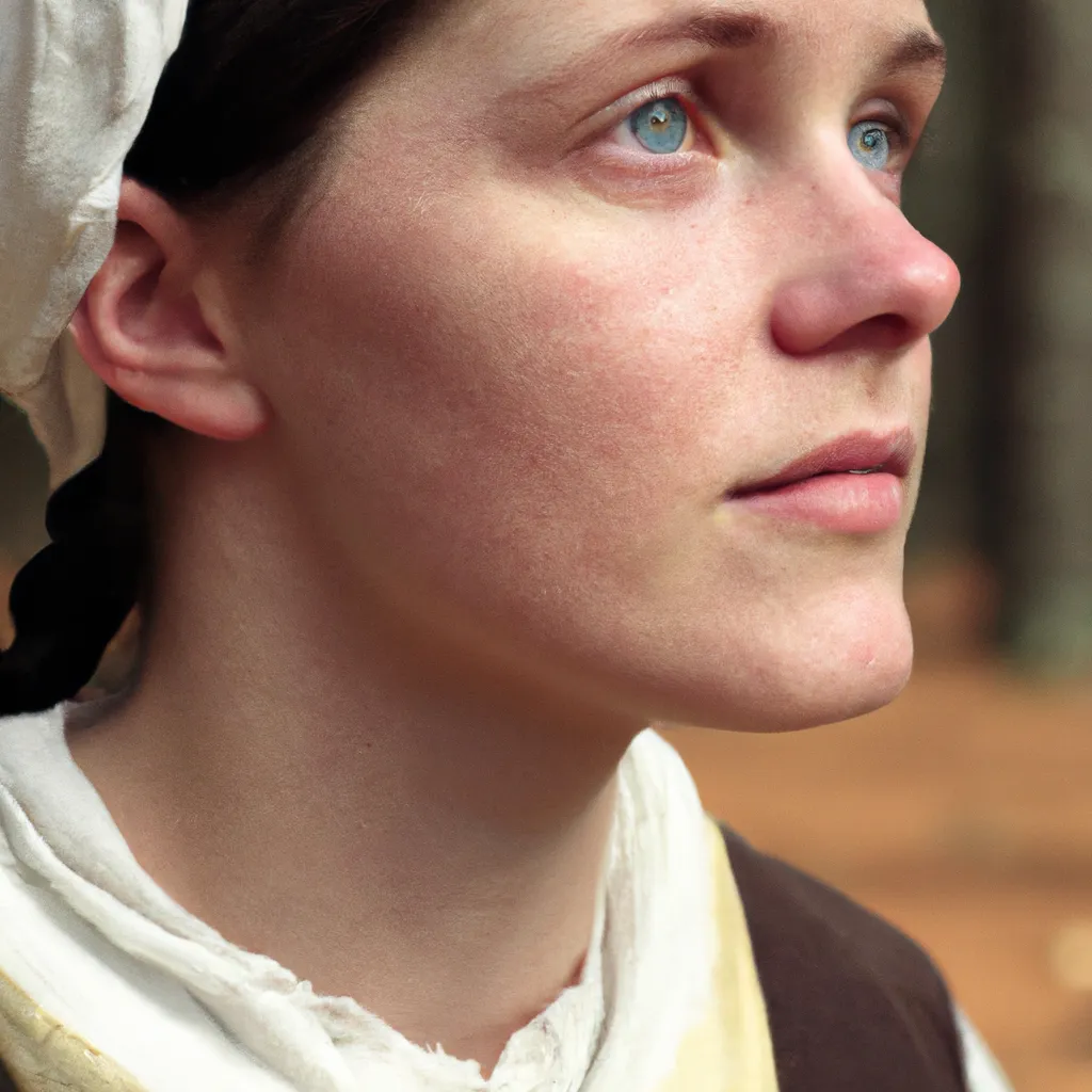 Prompt: pete1144_A_ultra_high_resolution_close-up_of_a_Female_Pilgrim at Thanksgiving in a forest clearing, 50mm