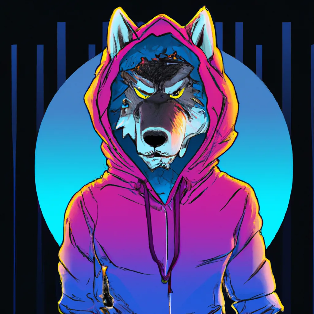 Prompt: 80's Synthwave anthropomorphic Wolf with a Hoodie