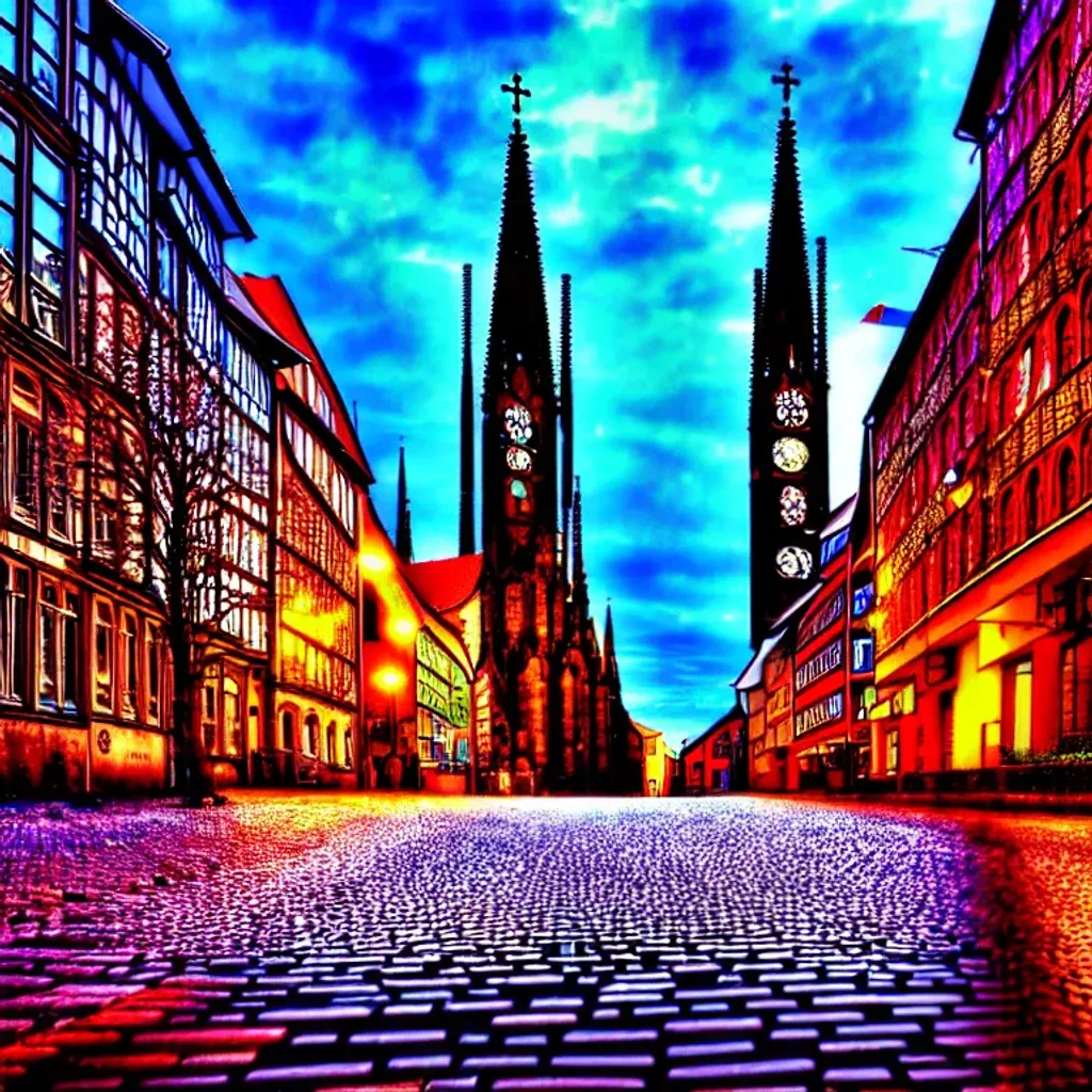 Prompt: Cyberpunk, city plaza, German architecture, German gothic church, German timber frame buildings, cobblestone streets, broad light, wide angle, over the shoulder point of view, futuristic German city, bloom lighting effect, highly detailed, picturesque, romantic, vivid colors, European city