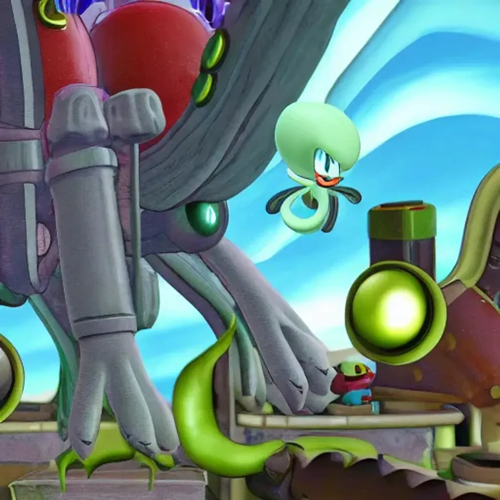 Prompt: Squidward Tentacles is the Boss Fight for Sonic Adventure 3. Large Nanobot Tentacles, Fear Strikes over the world. Burning Jealously. Squidward mad and angry, looming over all. Thousands of Tentacles in Attack.