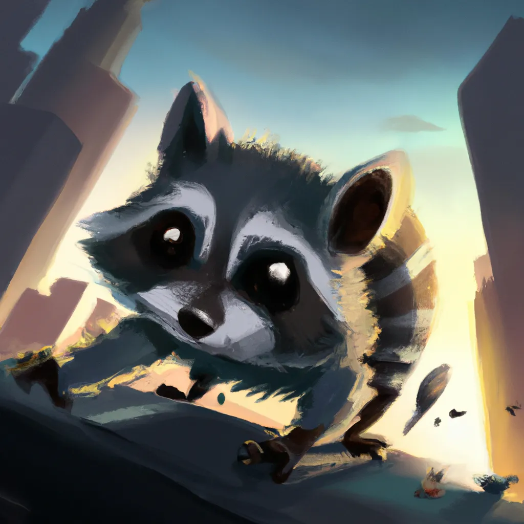 Prompt: A giant cute baby raccoon attacking a tiny city like godzilla, digital drawing, artstation