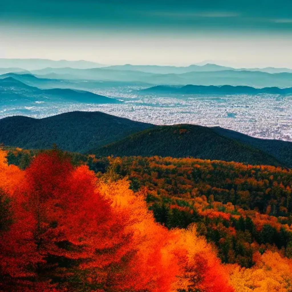 Prompt: mountains and cities covered in trees with autumn colors, soft light, at night with city and ocean in the distance