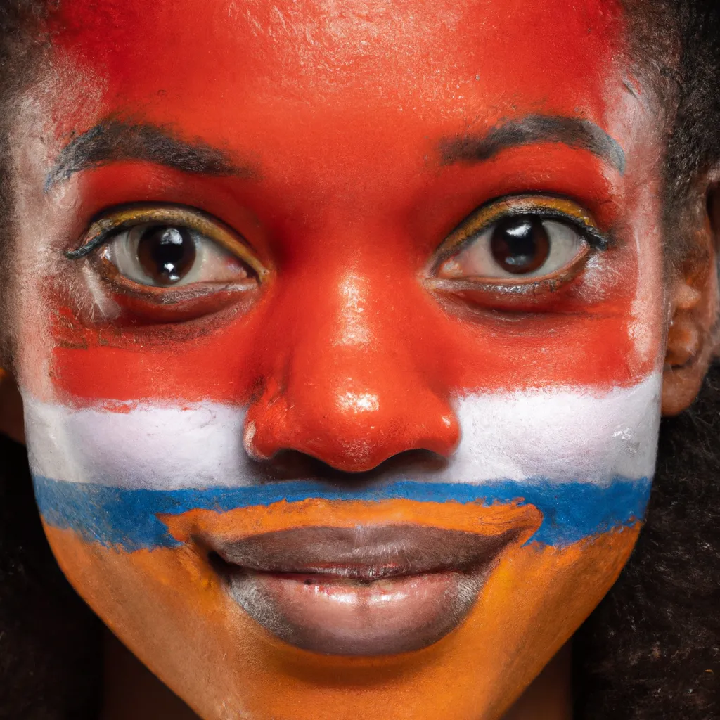 Prompt: medium light studio, Editorial depth of field portrait photography of a beautiful black Dutch female voetbal fan, friendly looking straight into the lens with her shiny, glistening eyes. She has orange face paint and also Dutch flags painted on her face. She wears a vintage Suriname football shirt. Ringflash, insanely detailed 8k res