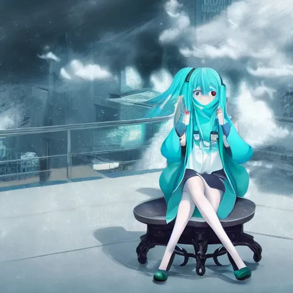 Prompt: Hatsune miku sitting down in a chair while being in a terrace in a cold landscape, realistic, hyperdetailed, digital art, fog