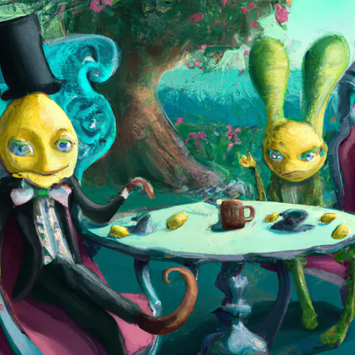 Prompt: An anthropomorphic lemon character in a mad hatter costume and an anthropomorphic lemon character with rabbit ears, Sitting around a table in Lemonland-Wonderland, both drinking lemonade, Photorealistic, Artstation, 8k