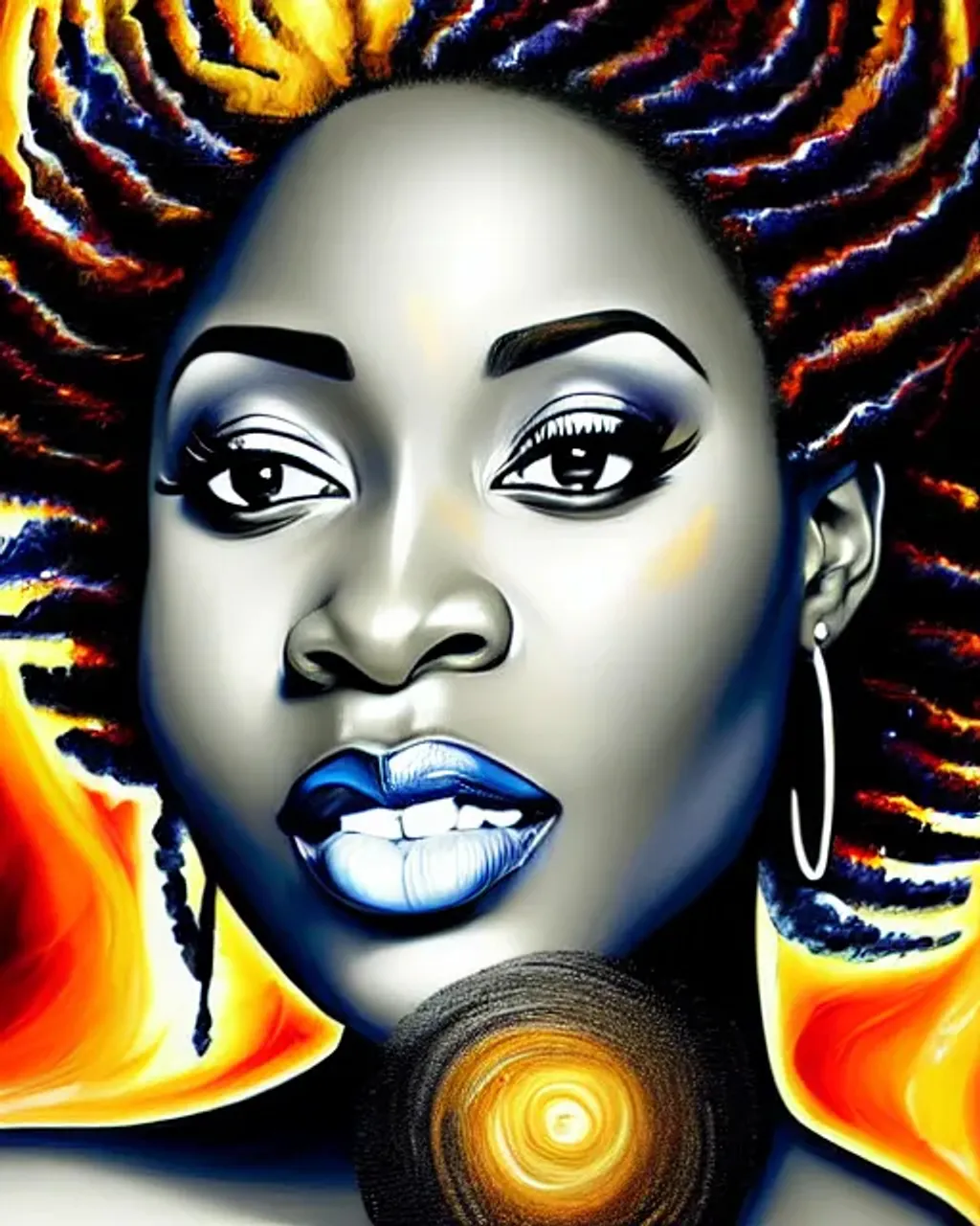 Prompt: an attractive Nigerian woman, geometric expanded twisted Leonid Afremov swirl style, hypermaximalist beautiful photorealistic detailed intricate eyes by Tom Blackwell, detailed gorgeous face, Rubens on helium influence, piezoluminescent broken reality entropy overlay details, very soft global coffee paper anthracite filter, anisotropic fxaa, centered, symmetry, painted, intricate, volumetric lighting, beautiful, rich deep colors masterpiece, sharp focus, ultra detailed, in the style of dan mumford and marc simonetti, astrophotography