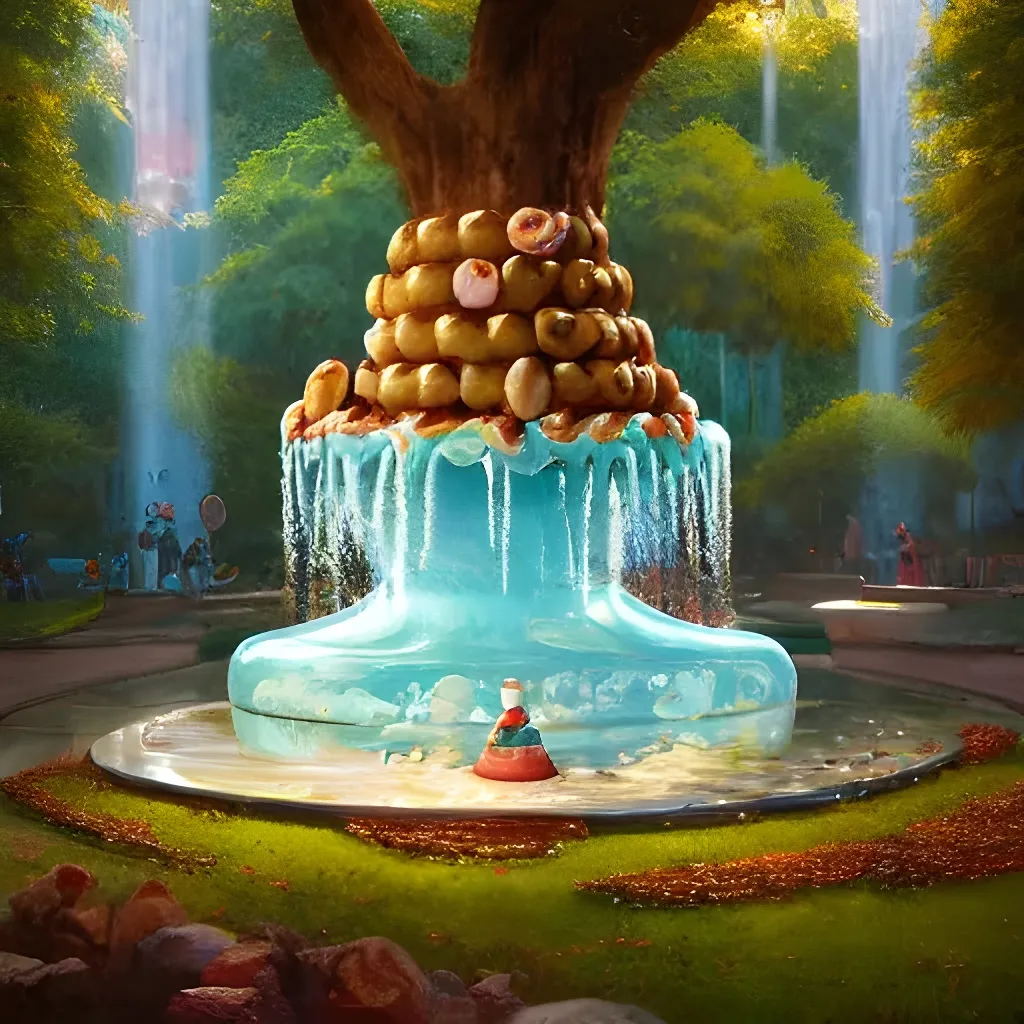 A beautiful donut fountain in serene park with donut... | OpenArt