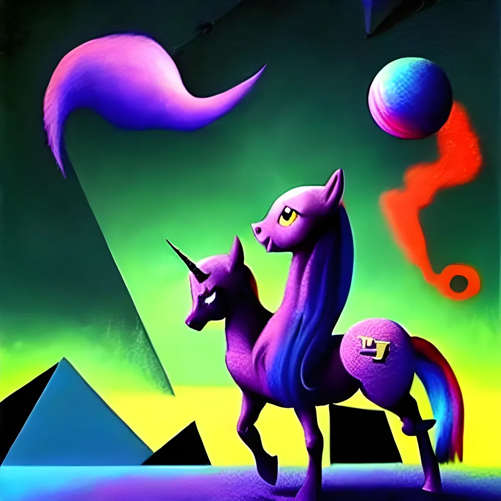 Prompt: My little pony!

Impressive cubism Oil painting matte painting in the style of Dave McKean, Juan Gris, zdzisław beksiński, Tim Burton, Greg Rutkowski, Sho Murase, Dan Mumford. 

Inspired by outer space. 

Futuristic, epic, legendary,  cosmic, glowing, neon, cyberpunk, glitter, flashing, storms, milkyway, supernova, astronaut, space, galaxy, interstellar, universe, space, alien,  UFO, black hole, planets, holographic, astral, cinematic stunning intricate, mathematical, detailed, dramatic, atmospheric maximalist.