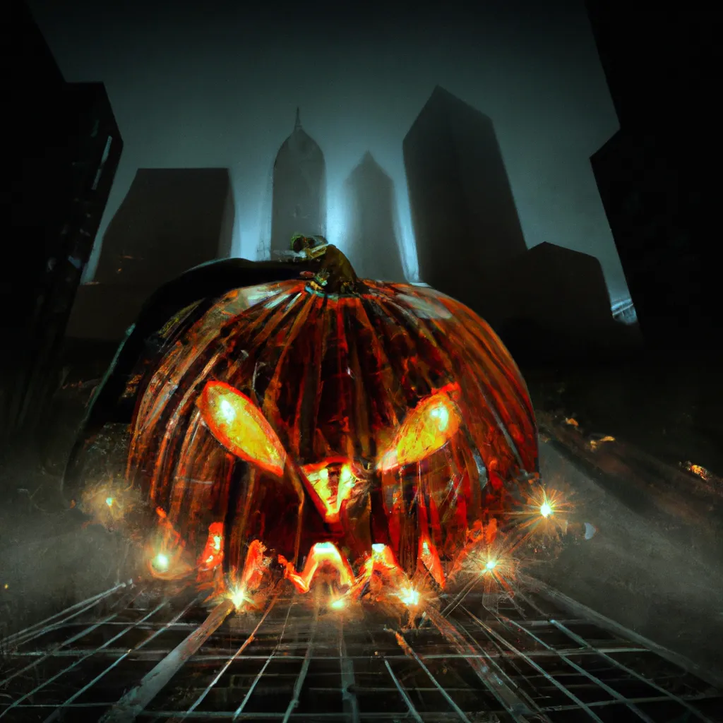 Prompt: Its a Halloween city, Spiders peak through a lit screaming jack-o-lantern pumpkin on fire, wide angle, sinister scene,  sharp focus and details, fine art, Halloween theme, orthogonal view  dark background By Mel Ramos