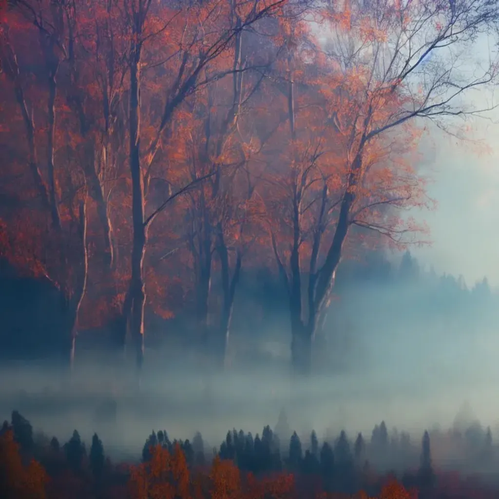 Prompt: hills covered in trees with autumn colors, soft light, at night with city in the distance