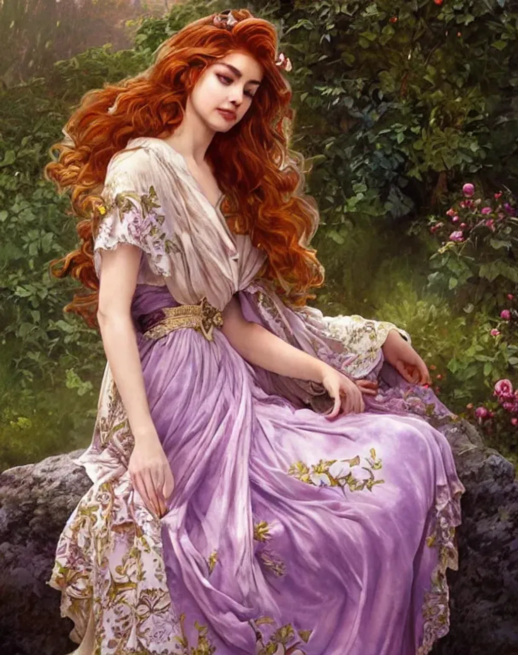 Prompt: a realistic feminine elegant ethereal princess with intricately decorated purple kebaya clothes, auburn balayage wild hair, seated on a rock bench in a beautiful rose garden, highly detailed, digital painting, Trending on artstation , HD quality, by artgerm and greg rutkowski and alphonse mucha, dramatic light, octane