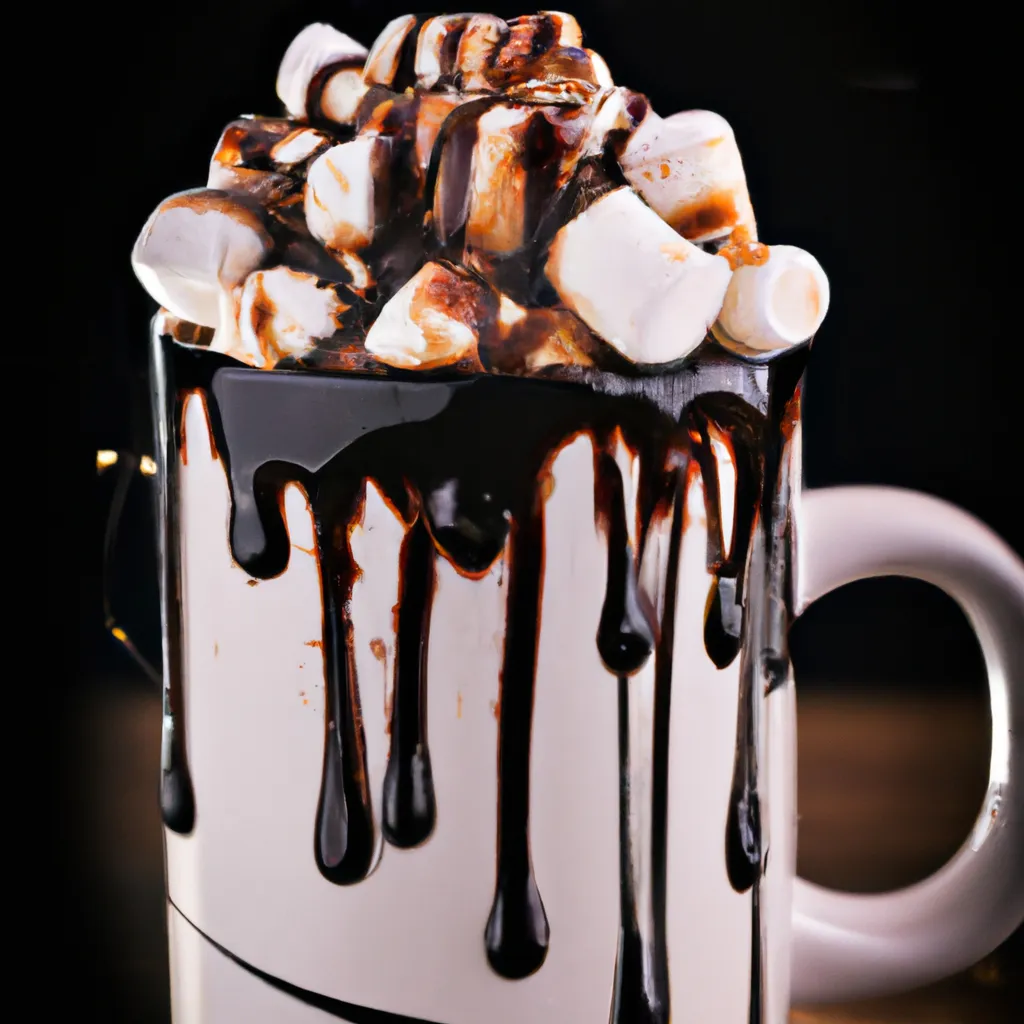 Prompt: Commercial photography of hot chocolate swiss miss with marshmallow toppings and drizzle with chocolate syrup 