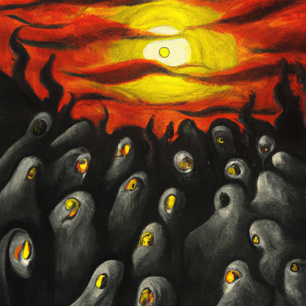 Prompt: A hooded cult bows in devotion to the one with many eyes, the still ground beneath appears to move with their chants, the black mist rises as the red sun fall, surreal painting, dystopian