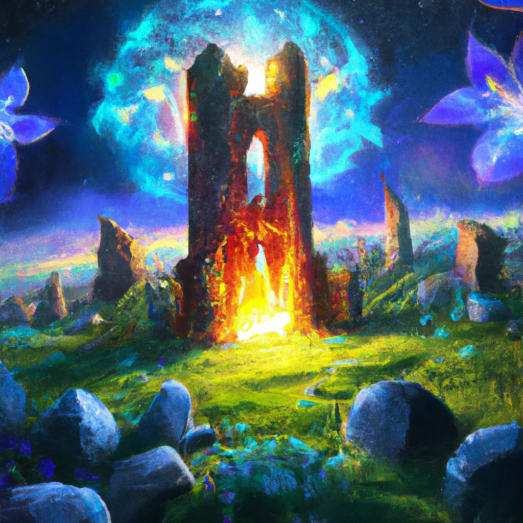 Prompt: a wizard tower in a meadow filled with ruins by Justin Gerard, blue fireball, sunny, flowers, with symphony under the stars, digital art in the background