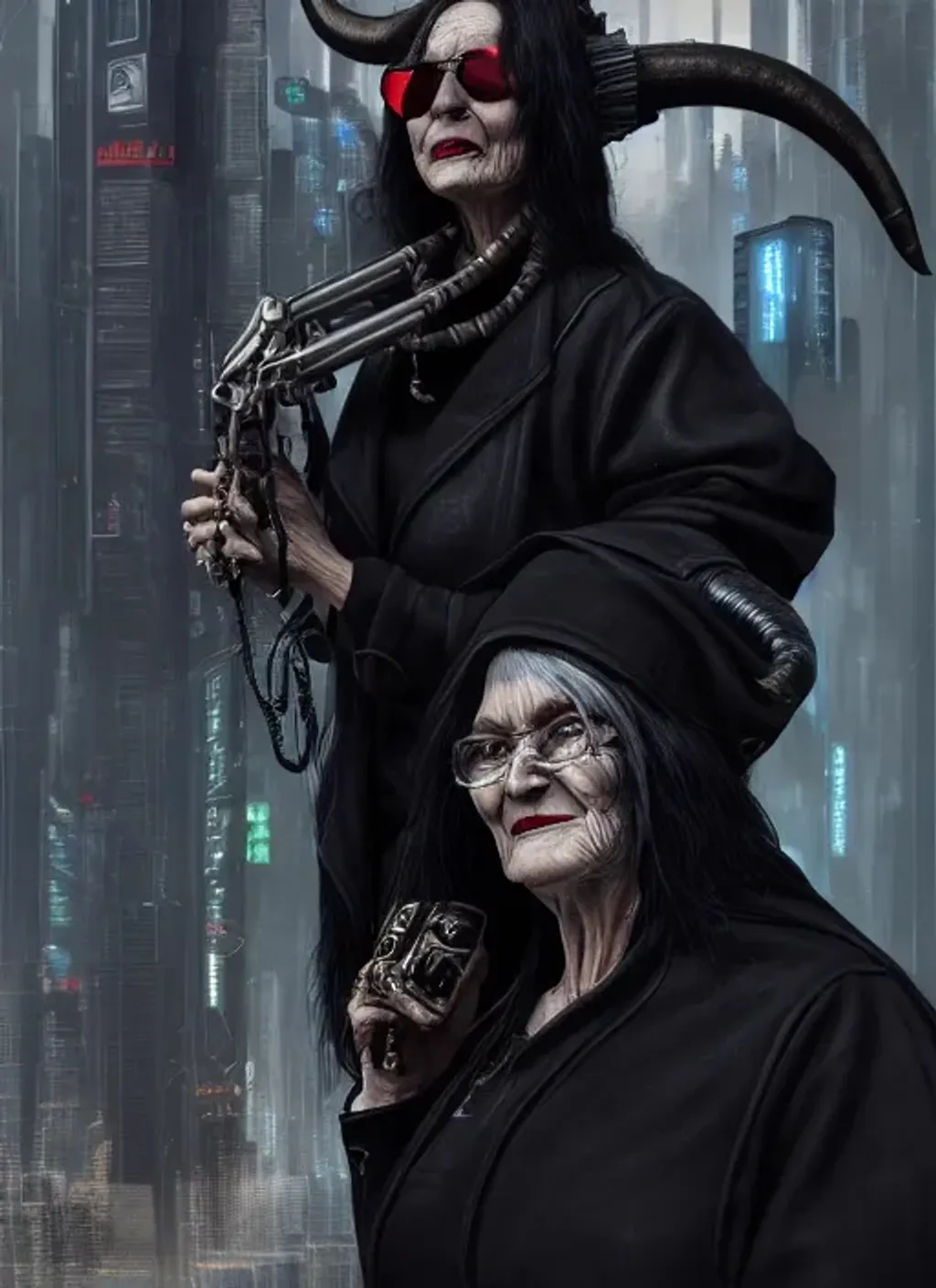 Prompt: Extremely detailed portrait of  cyberpunk old woman with big horn's devil and with only black clothes, extremely detailed  cyberpunk street hyperrealistic background , 8k, high quality, concept art, trending on artstation, sharp focus, studio photo, intricate details, hyper detailed