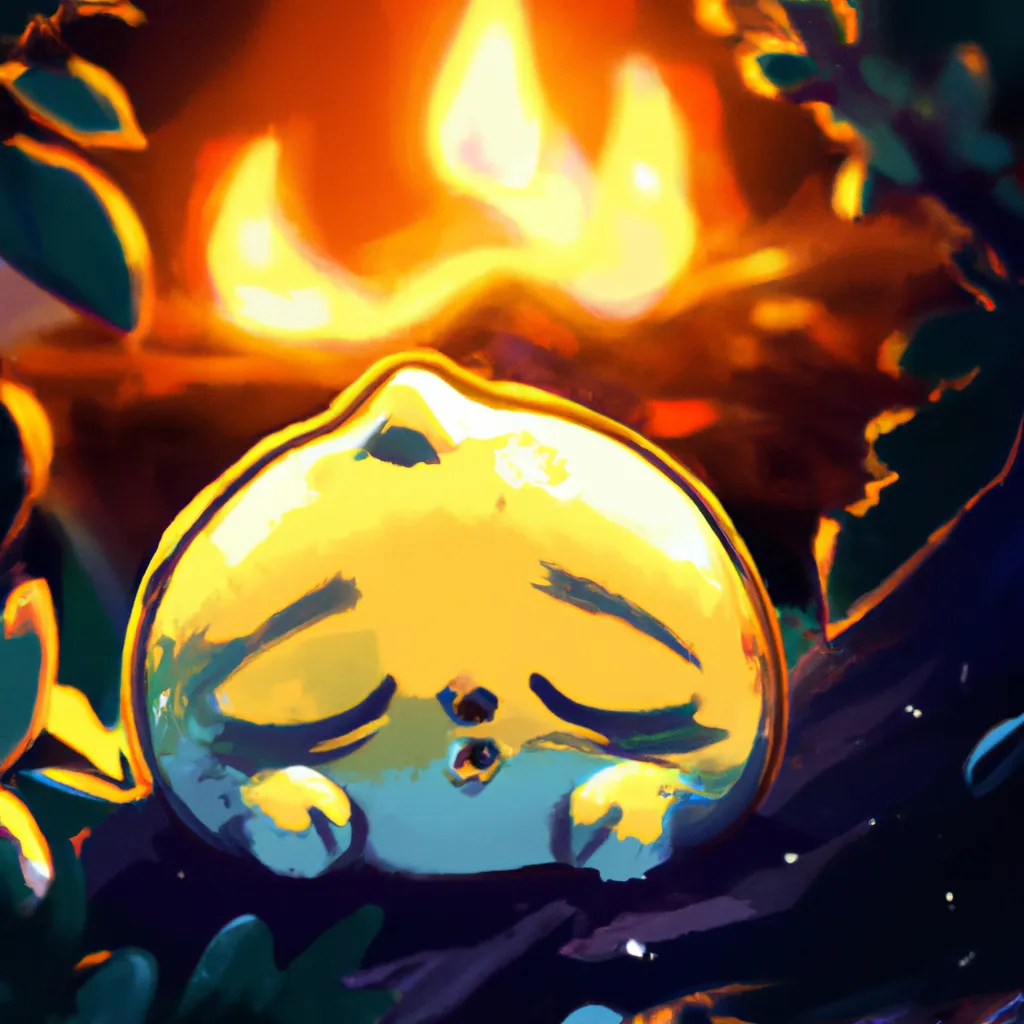 Prompt: Key Disney Visual of an enthusiastic  cute anime lemon critter sleeping by a fire , background is a forest, green and dark blue colour palette; Digital art, trending on artstation, Photorealistic Illustration, anime key visual, cinematic, Ultra Detailed , trending on pixiv, kawaii eyes