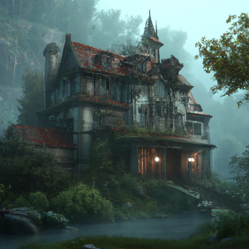 Prompt: haunted mansion in the woods , misty and intense, painting by Eric Gagnon, Keith Thompson, Filip Radovanovic, clear picture, trending on artstation, fantasy, ghost flying out, insanely detailed, cinematic lightning,8k, octane render, unreal engine 5, HD Artwork