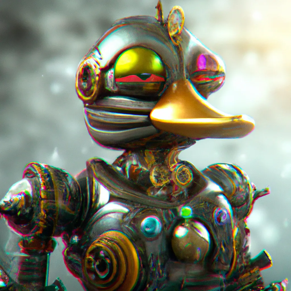 Prompt: Hyperrealistic Demon Duck as a  cyborg, anthropomorphic, close-up, digital art, 3D, blender and unreal engine 5 rendered, Rays of Shimmering Light, Cinematic Lighting, Ray Tracing Reflections, insanely detailed, trending in artstation, Cinematic, Colorful, ornate