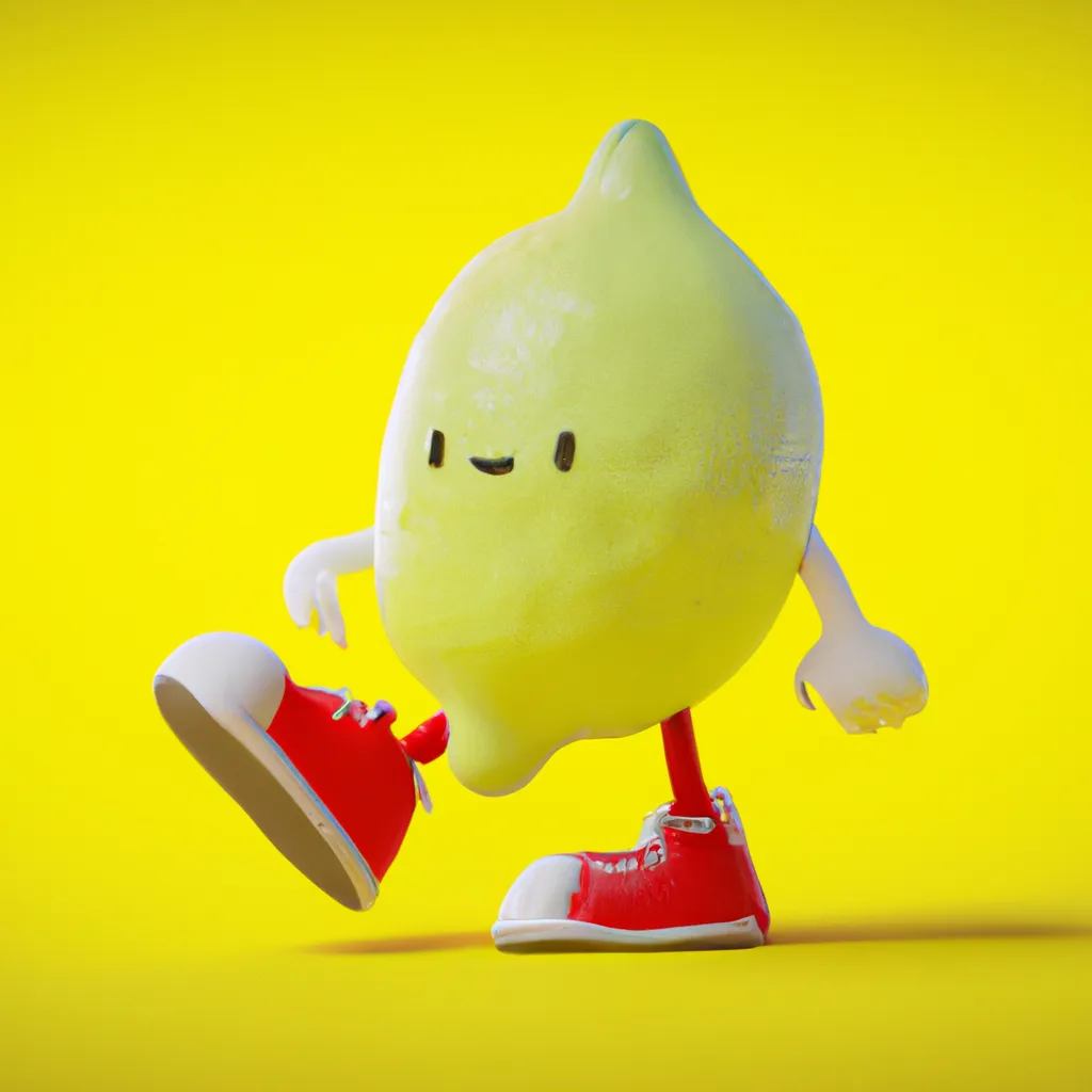 Prompt: cute lemon wearing red sneakers Character Concept, light in Redshift Render, Artstation trending