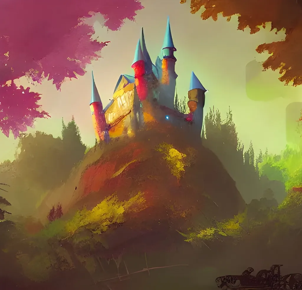 Prompt: a colorful photo of a castle in the middle of a forest with trees and bushes, by ismail inceoglu, trending on art station