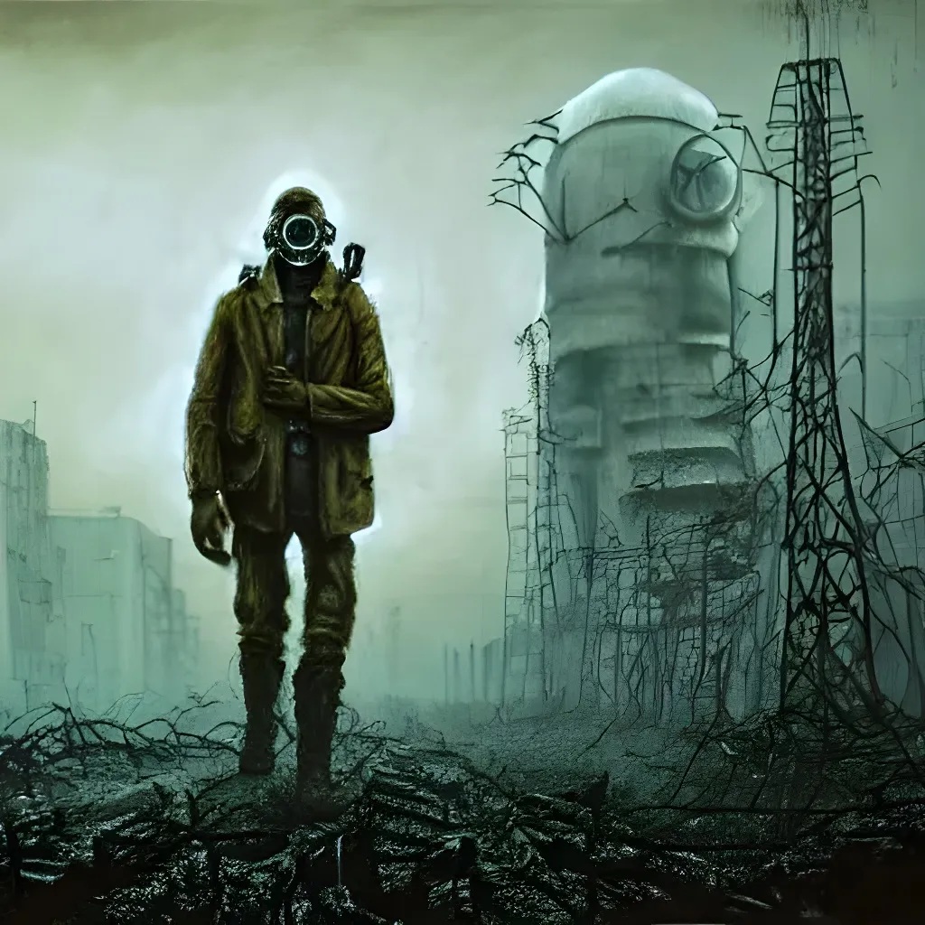 Prompt: Male Survivor wearing a gas mask,a backpack and a trench coat roaming around a post apocalyptic dystopian rotting wasteland, Stalker,fallout 3, chernobyl, radiation, extreme long shot, HD quality, paint, by HR Giger , Zdzisław Beksiński
