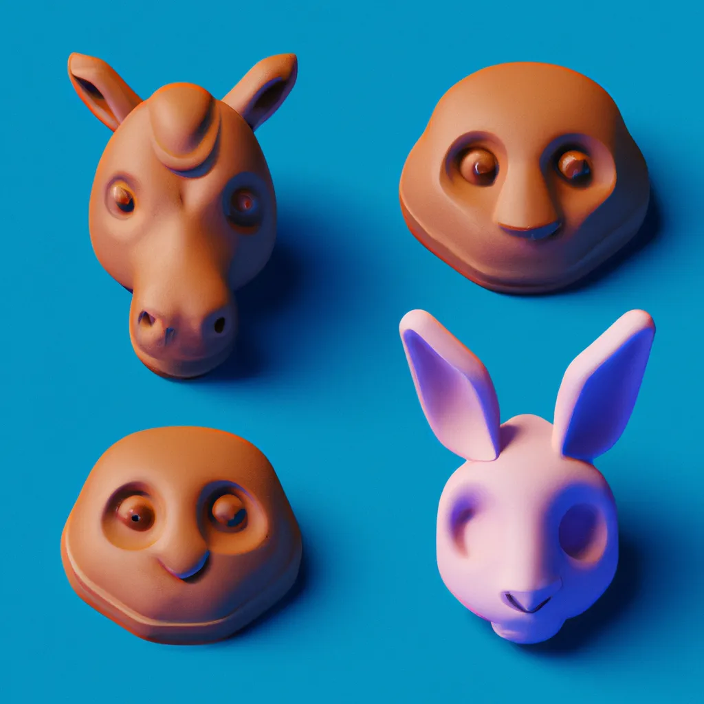 Prompt: a set of 4 cute 3D renders of rounded animal heads in a clay style, isometric view, blue background, substance 3d painted, smooth texture, high resolution, trending on behance.net, by Carlos Behrens