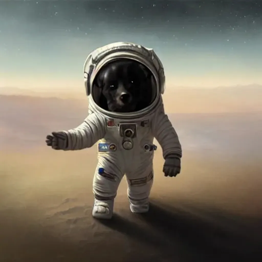 Prompt: (((beautiful puppy astronaut))) excitedly exploring a beautiful alien landscape with surreal planetry sky, cute happy puppy wearing astronaut suit ((((((with visor down and face visible)))))), deep colors, hyperdetailed cinematic masterpiece by greg rutkowski, trending on artstation, centered, in frame, (((perfect composition))), detailed textures