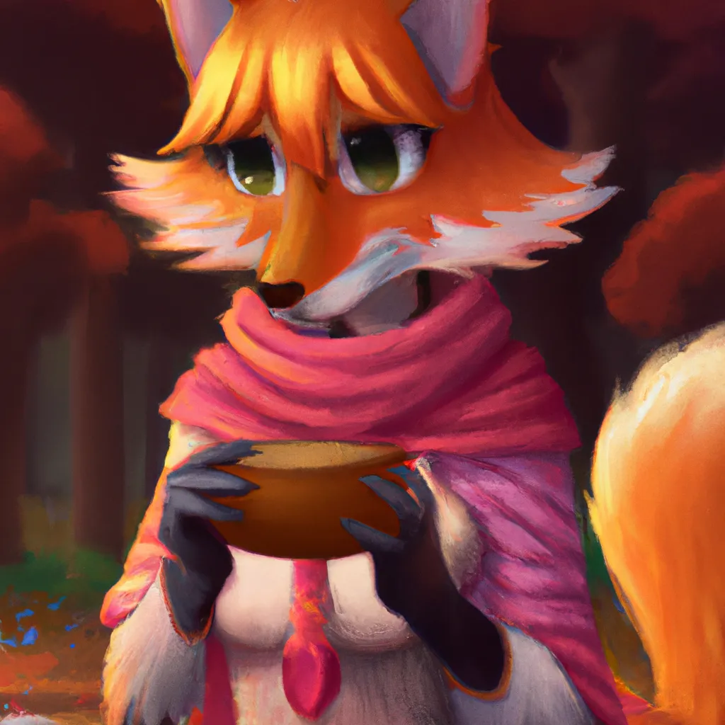 Prompt: A cute adult female anthropomorphic furry fox wearing a cozy Halloween costume drinking pumpkin soup, digital art, artstation, 8K