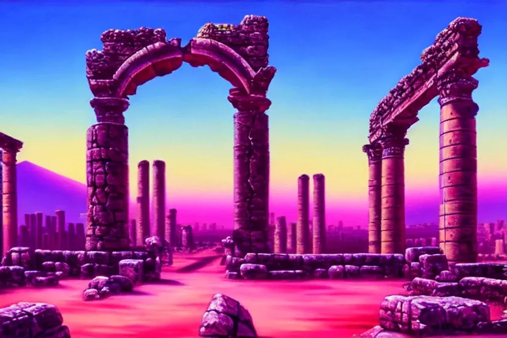 Prompt: Ancient city ruins, outrun, retrowave, synthwave, vaporwave, oil painting