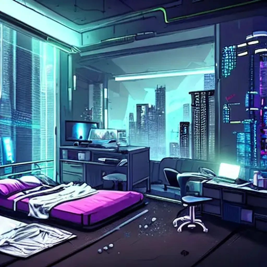 Prompt: cyberpunk room, messy bed, computer in corner, city outside