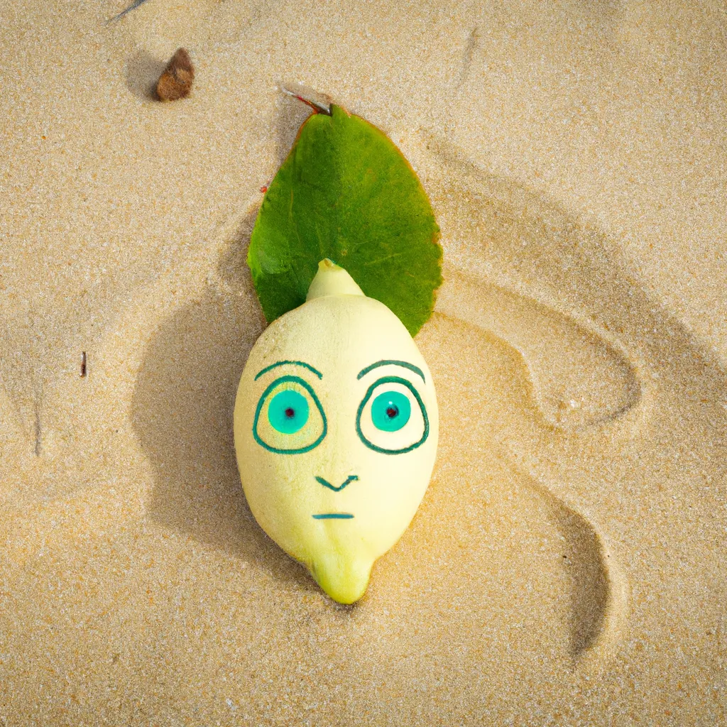 Prompt: Kawai lemon character with big green eyes and two leaves that spread out like ears, on a sandy beach, anime art