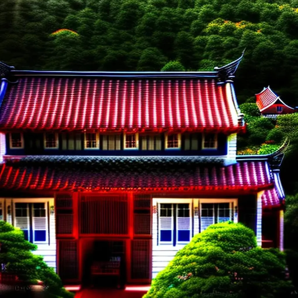 Prompt: A blend of New England Colonial architecture and Chinese architecture, tiled roofs, photograph, broad light, cinematic lighting, rich lighting, vivid colors, highly detailed