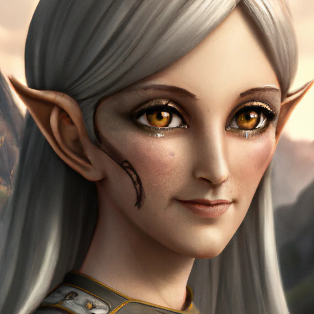Prompt: Head and shoulders portrait of cute female grey elf with silver hair and eyes the color of amber, moutain background, perfect composition, hyperrealistic, super detailed, 8k, high quality, trending art, trending on artstation, sharp focus, studio photo, intricate details, highly detailed, by greg rutkowski
