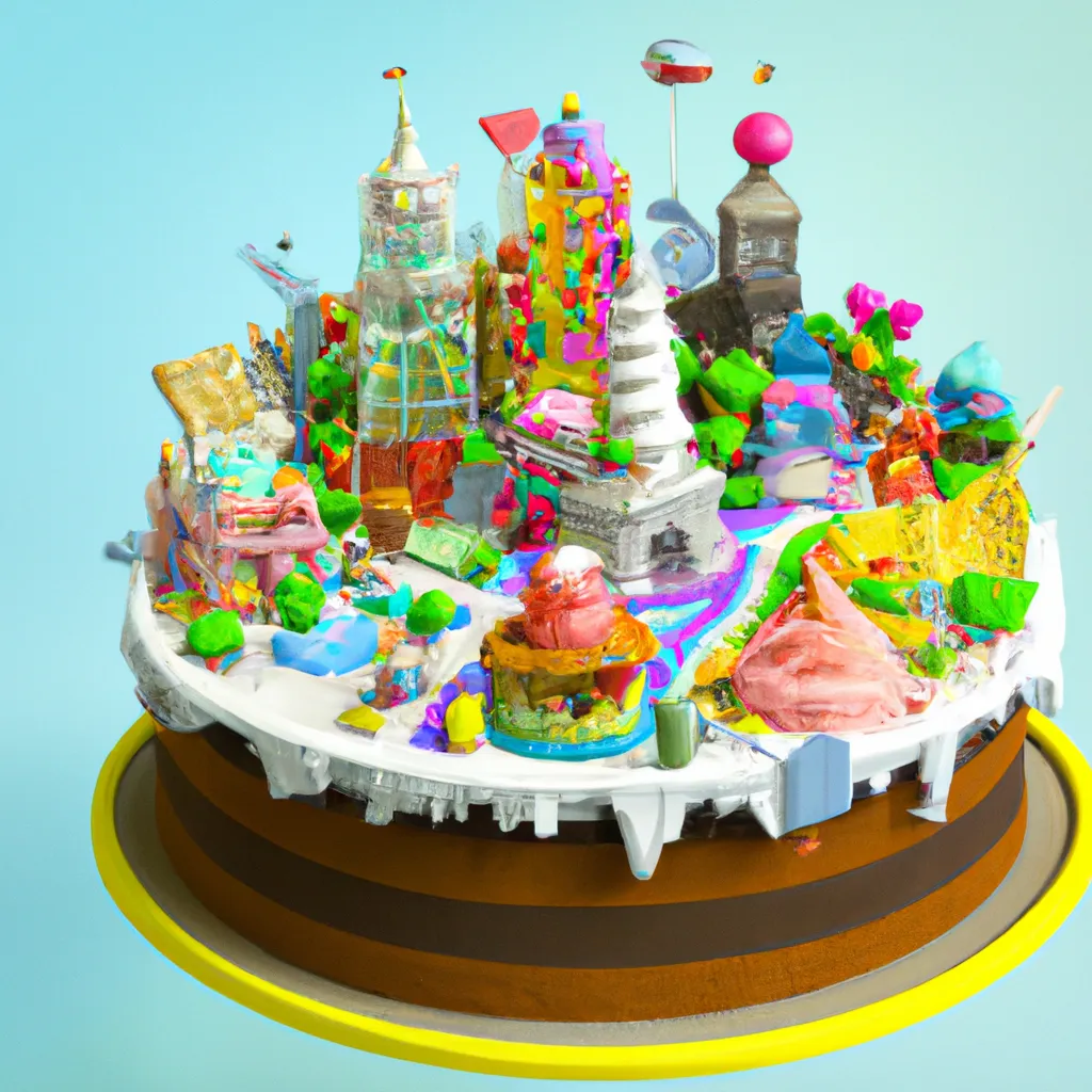 Prompt: A 3d micro world cake of beautiful candy city, rectangular, 