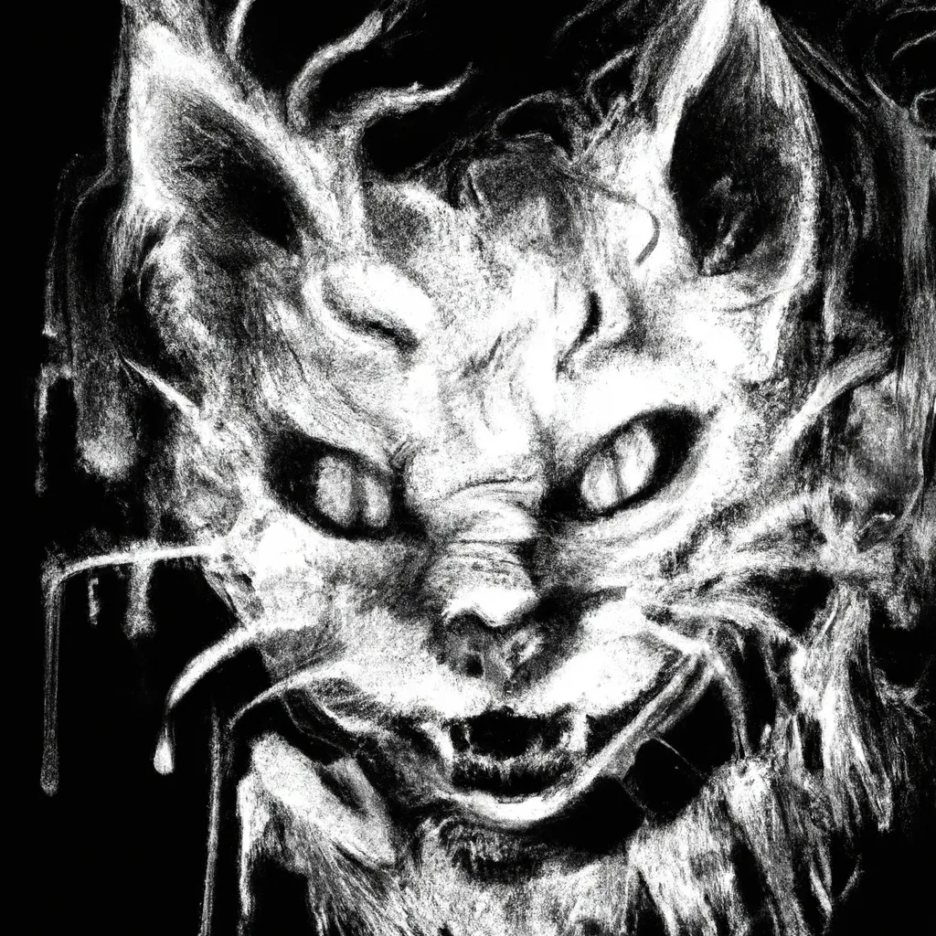 Prompt: Demon Cat negative black and white Speedpaint with large brush strokes by , Junji Ito, Ismail Inceoglu, , Gazelli, M.W. Kaluta, richard anderson, paint splatter, white ink, a masterpiece, 8k resolution, trending on artstation, horror, terrifying, highly detailed and intricate