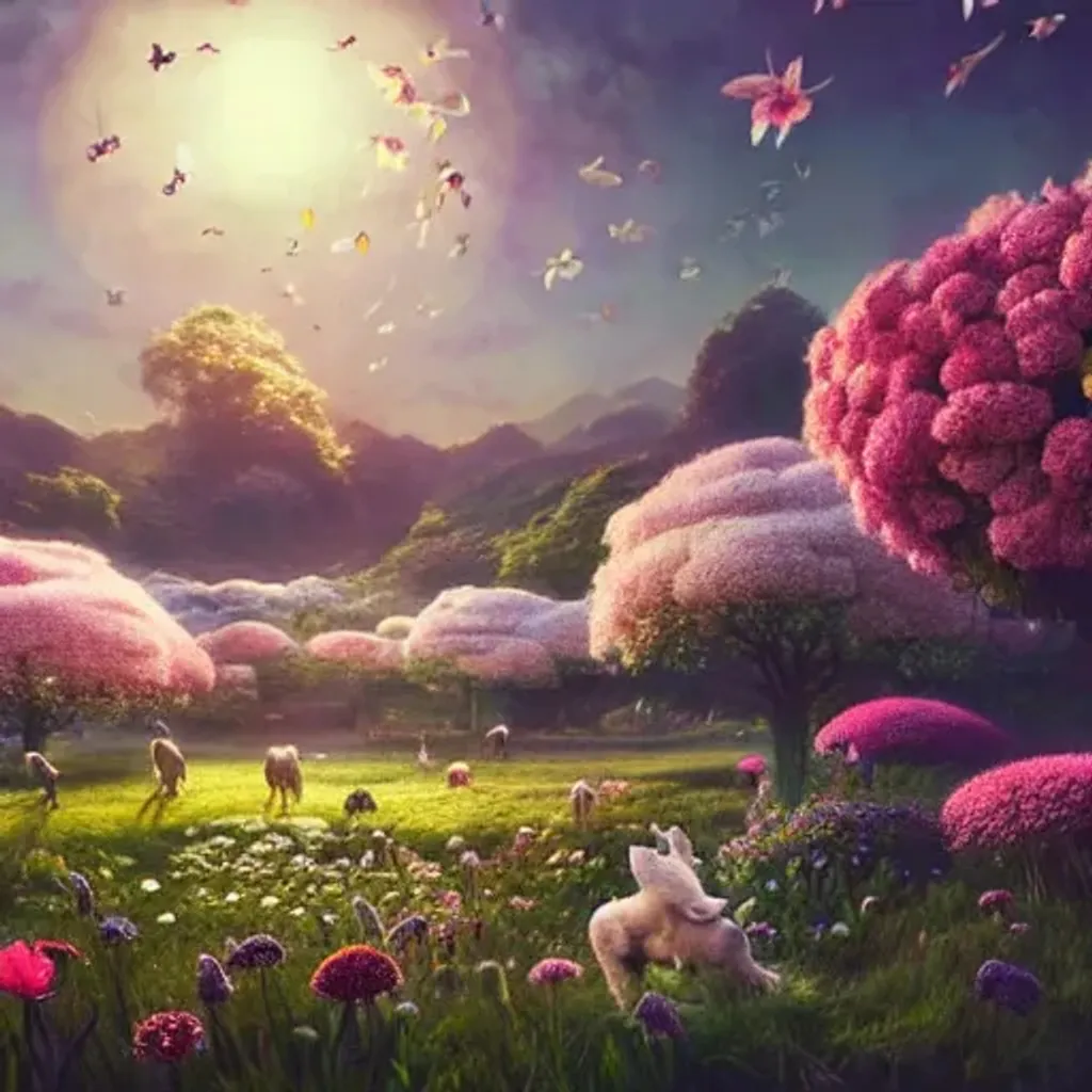 Prompt: Flora and fauna field of flowers dreamy landscape with animals by Tooth Wu, wlop, beeple, dan hillier, rossdraws, artstation, octane render rendered 8k highly detailed, cinematic, hyper realistic, field of flowers landscape by Yoshitaka Amano, Trending artstation pixiv fanbox, cinematic lighting 2 3 4 cinematic lighting, ArtstationHD, high quality render 4 d