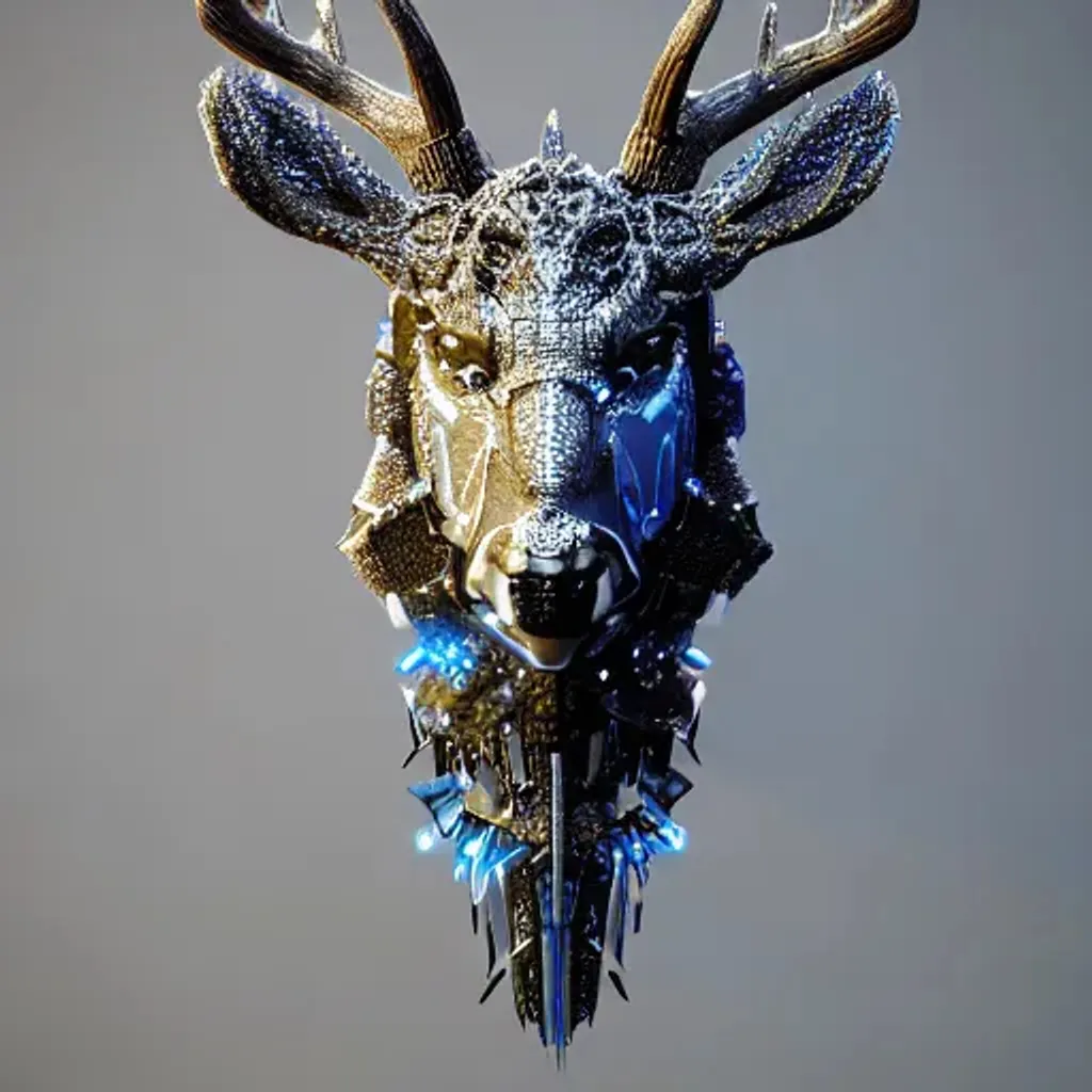 Prompt: BERINGIAN Deer wearing mech armor made of Azure crystals,fangs, symmetrical body, hyperrealistic, intricate details, shiny, cinematic, unreal engine, artstation, octane render,