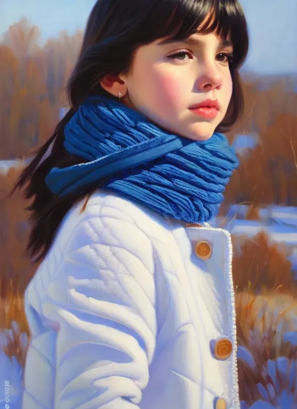 Prompt: Portrait of a cute pre-teen girl, hispanic, pale skin, black hair, short hair, very dark brown eyes, winter clothes, snow, blue-ish, looking at the camera, extremely detailed painting by Greg Rutkowski and by Henry Justice Ford and by Steve Henderson
