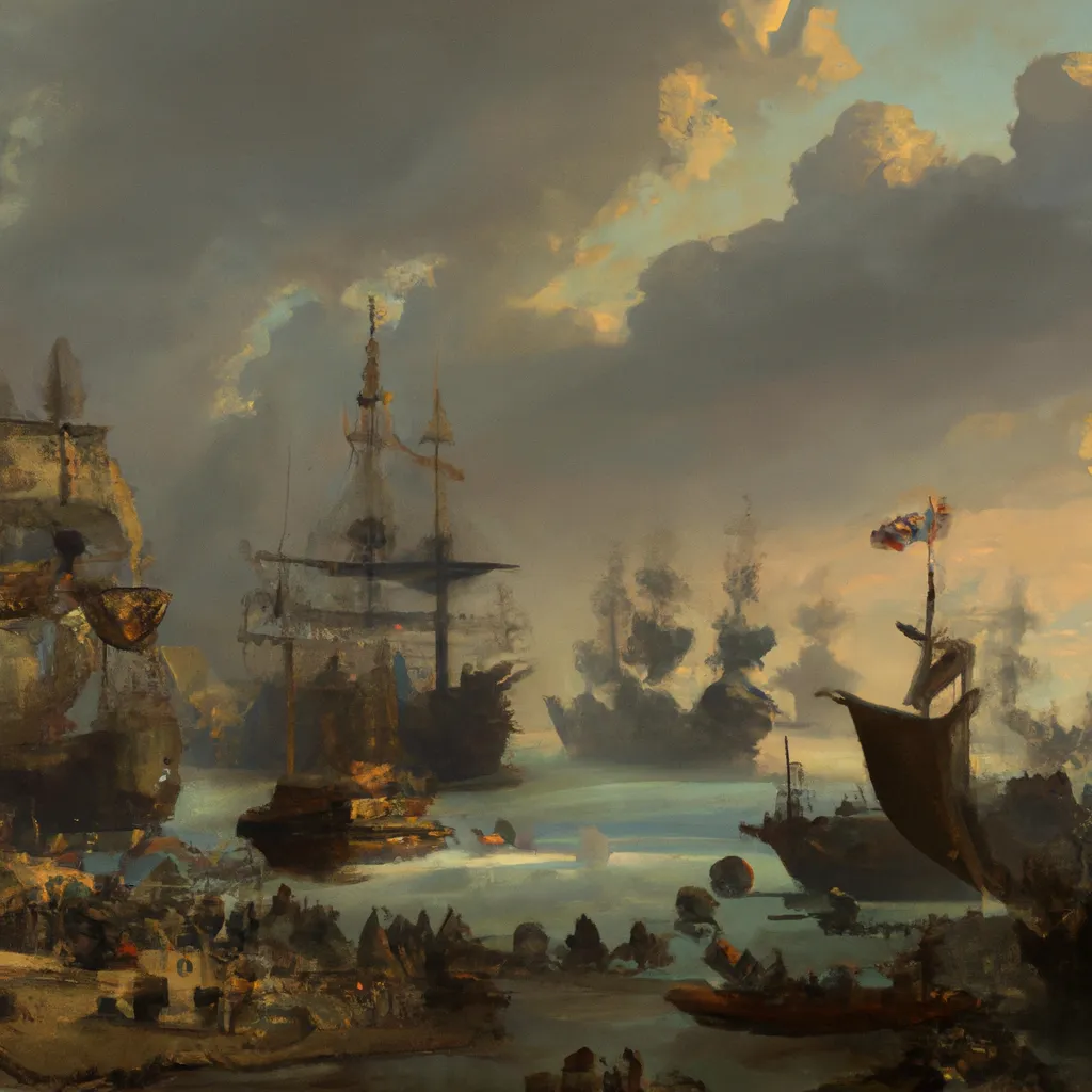 Prompt: a beautiful painting of a crowded medieval port
large merchant ships
dirty crowded
concept art trending on artstation
painted by Ivan Aivazovsky