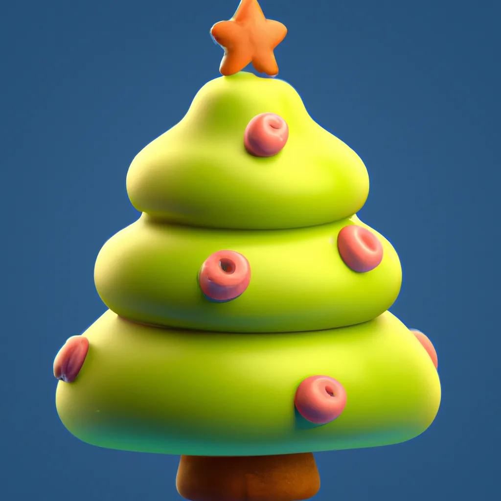 Prompt: 3D render of a cute rounded green christmas tree in a clay style, frontal view, blue background, substance 3d painter, blender, smooth texture, warm lighting, high resolution, trending on behance.net, by Nintendo