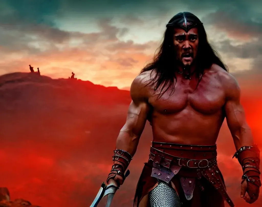 Prompt: photograph ultra-wide ultra-wide shot 18 mm f/400 Conan the barbarian on a large hill with hundreds of warrior climbing to kill him with a red sunset in the background, fantasy, dnd photograph, realistic hyperrealism, award-winning, octane render, unreal engine