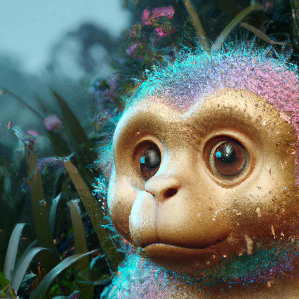 Prompt: 3d render,4k,hd , smooth detailed, design Cute giant iridescent mix between a monkey and bunny android creature in lush jungle, raining, foggy, moody, :: by Jeff Koons, Dan McPharlin Daniel Merrian :: ornate, dynamic, particulate, rich colors, intricate, elegant, highly detailed, centered, artstation, smooth, sharp focus, octane render, 3d