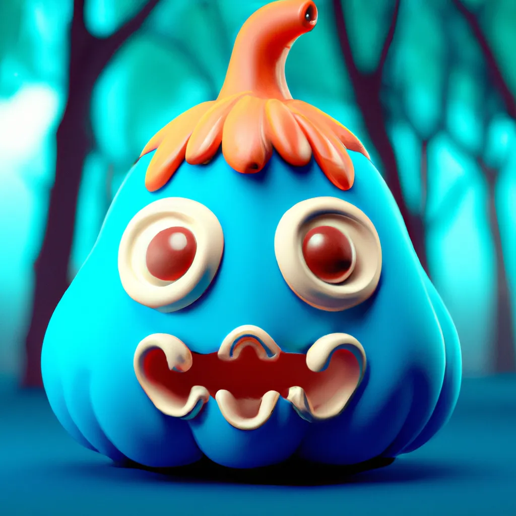 Prompt: cute 3D render of a pumpkin head in a clay style, frontal view, blue spooky forest background, substance 3d painted, blender, smooth texture, high resolution, trending on behance.net, by Carlos Behrens