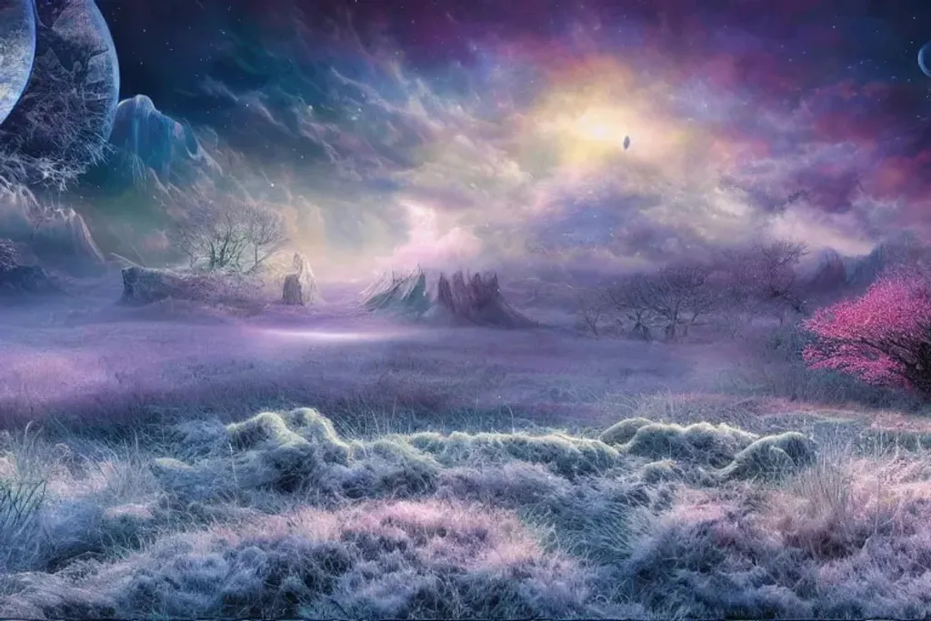 Prompt: Frosty cold paradise heaven, beautiful fantasy landscape, realistic and natural, cosmic sky, detailed full-color, nature, hd photography, fantasy by john stephens, galen rowell, david muench, james mccarthy, hirō isono, realistic surrealism, elements by nasa, magical, detailed, alien plants, gloss, hyperrealism