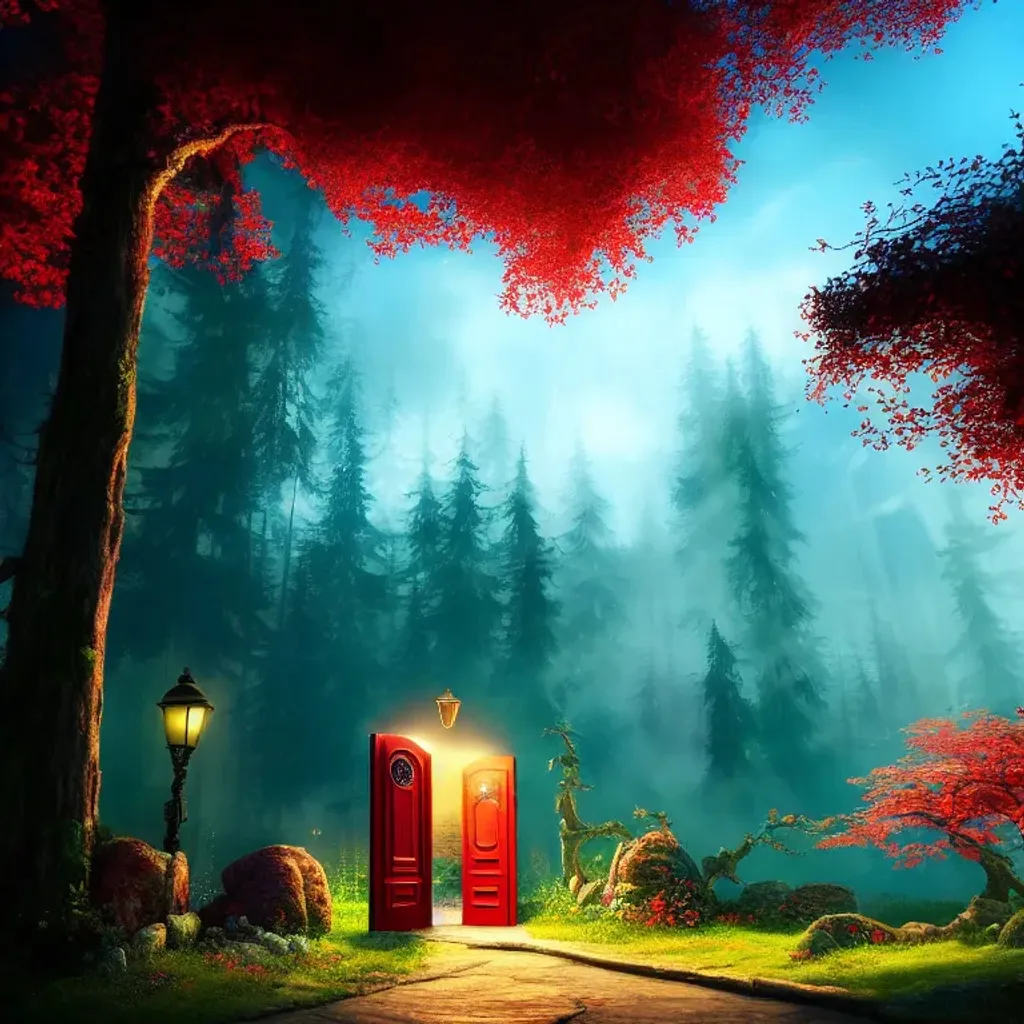 Prompt: beautiful open red door with a glowing portal between two trees with fairies flying, digital art, highly detailed, lovely, solarpunk, maximalist highly detailed and intricate professional photography, a masterpiece, 8k resolution concept art, detailed matte painting, deep color, fantastical, intricate detail, splash screen, complementary colors, fantasy concept art, 8k resolution trending on Artstation Unreal Engine 5