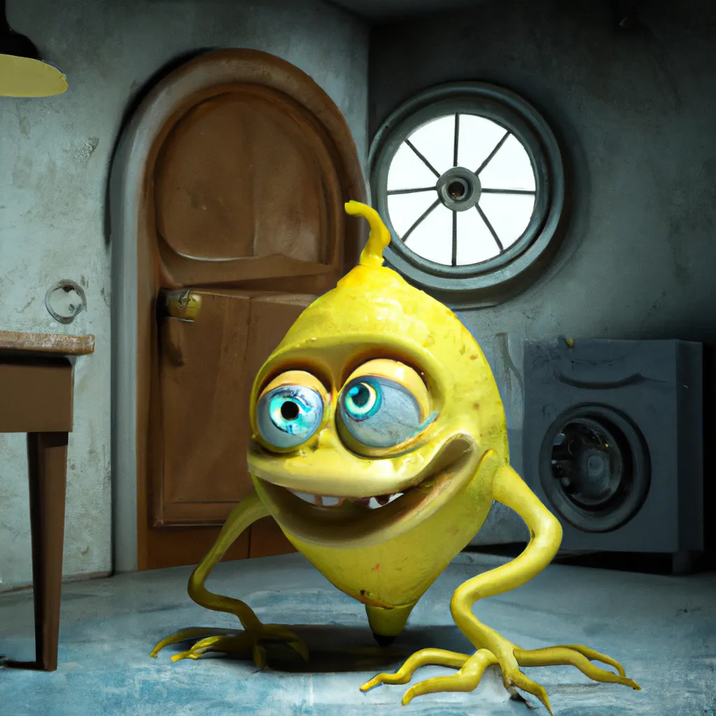 Prompt: A CG lemon monster from monsters inc with one eye smiling in his lair, mike wazowski, highly detailed, photorealistic, 