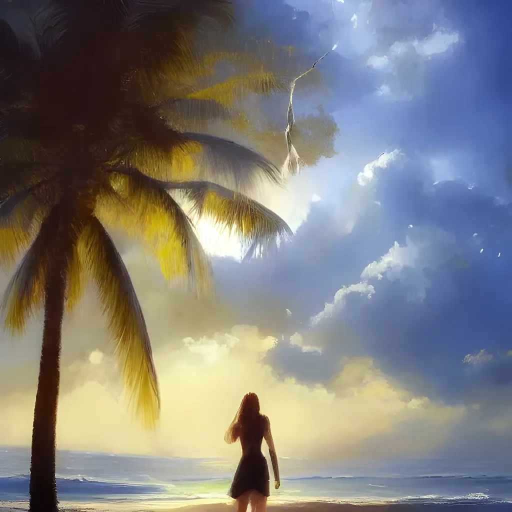 Prompt: Tropical beach, the silhouette of the girl looks into the distance, the waves and the sea, golden leaves, beautiful painting by jeremy mann, moon, absurdly beautiful, elegant, ultrafine hyperrealistic detailed illustration by wlop and artgerm and greg rutkowski, intricate linework, sharp focus, smooth, octopath traveler, final fantasy, unreal engine, dramatic lighting, ethereal, 8 k